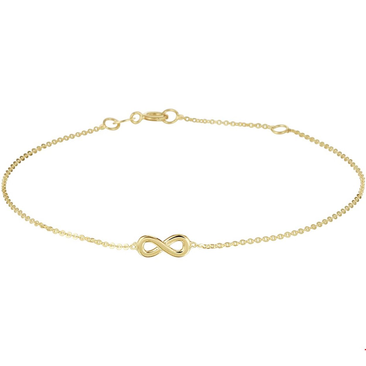 Het infinity symbool, verwerkt in deze 14K geelgouden armband, staat voor oneindigheid. De armband heeft een ankerschakel van 1mm en is verstelbaar van 16,5 tot 18,5 cm. Het infinity symbool heeft een grootte van 4x10mm. Het is leuk te combineren met andere infinity sieraden uit ons assortiment.