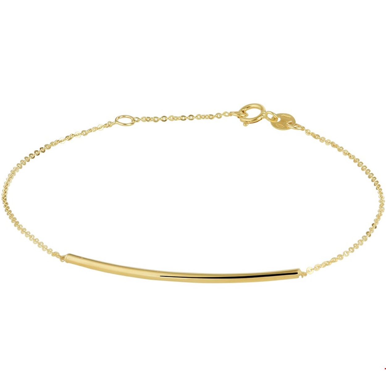 14k Geelgouden anker armband uitgevoerd met een poli afgewerkt balkje. De armband heeft draaglengtes van 16.5 en 18.5cm.
