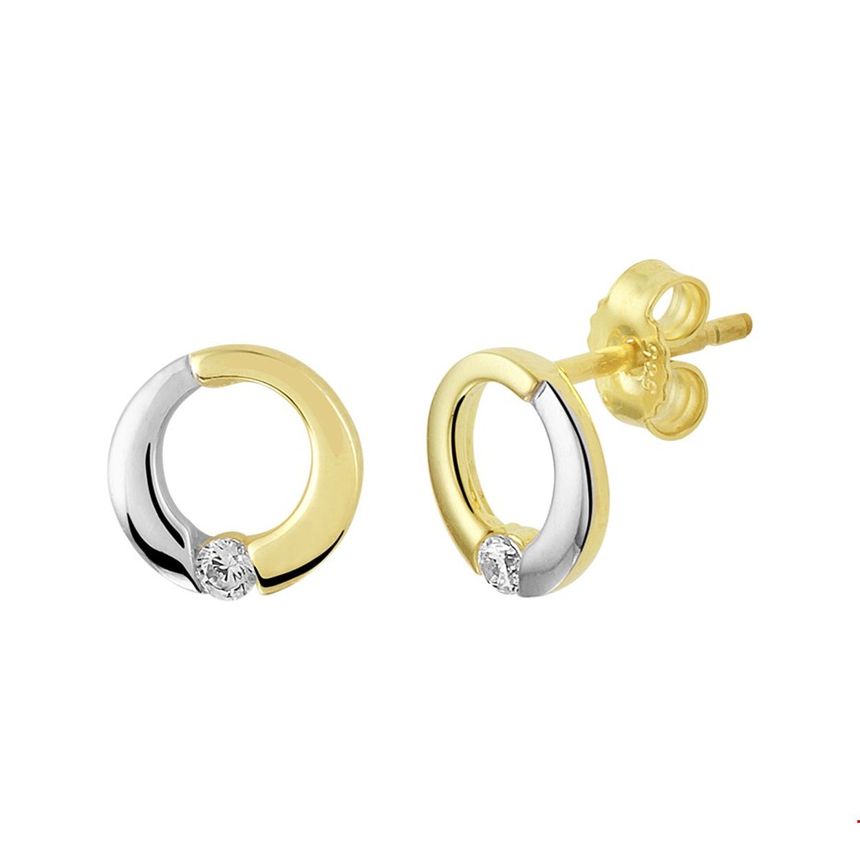Beschrijving: Deze oorstekers zijn een plaatje! Het 14K geel- en witgoud wordt onderbroken door een transparant witte zirkonia steen van 2mm. De diameter van de ring is 8mm.