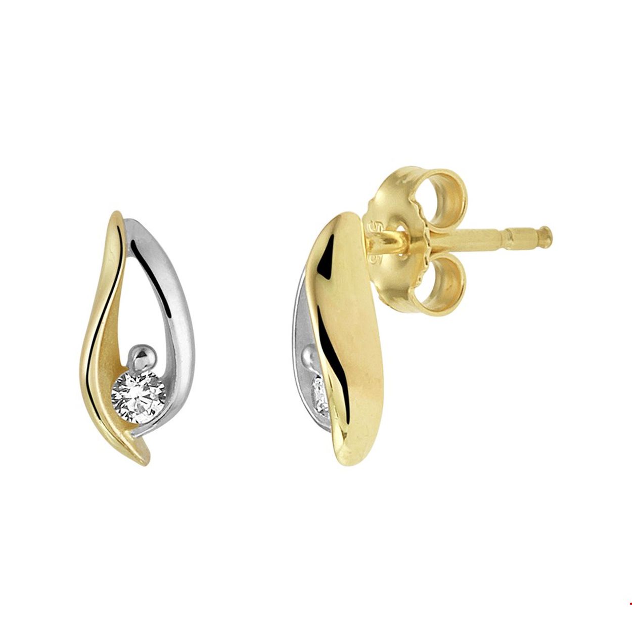 Beschrijving: Deze oorsteker van 14k geel- en witgoud heeft een elegant ontwerp. Ingespannen tussen de twee soorten goud is een transparante zirkonia steen. De hoogte van de oorsteker is 9mm, de breedte is 4,5 mm.