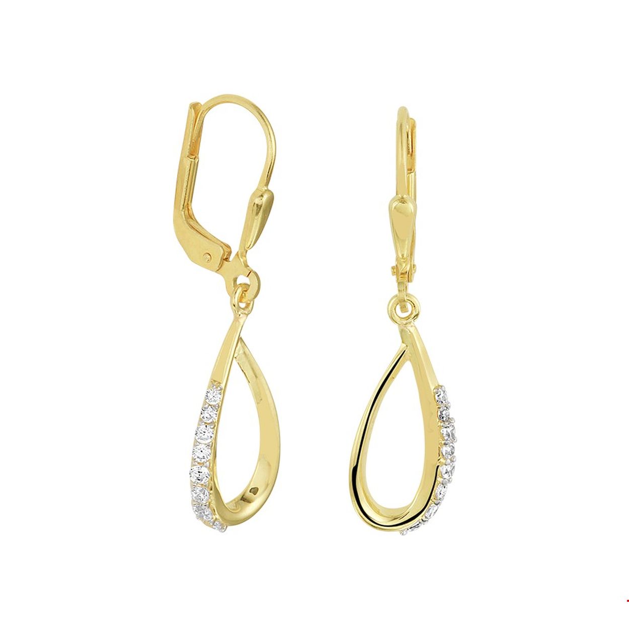 Beschrijving: Sierlijke 14k geelgouden oorhangers uitgevoerd met een druppelvormige hanger en een schitterende zirkonia rij.