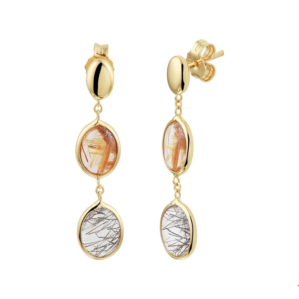 Met deze lange oorhangers met edelstenen maak je je outfit af! De twee edelstenen zijn van gouden en zwarte rutiel kwarts. De totale lengte van de hanger is 3cm en de stenen zijn geplaatst in een ovale 14k geelgouden zetkast van 6,5mm.