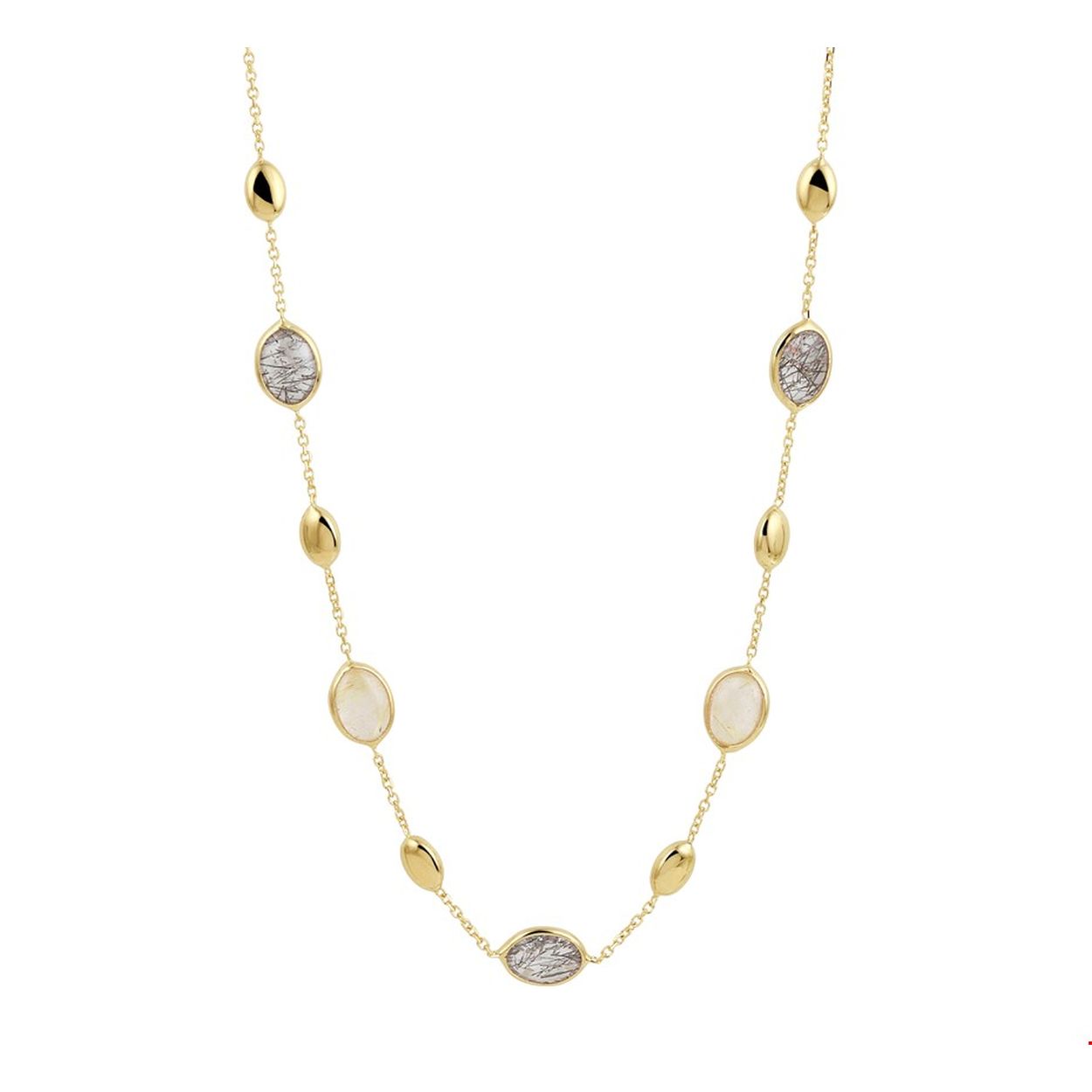 Dit collier met 7mm edelstenen en 14k geelgouden plaatjes is een musthave in deze tijd! Door de subtiele kleuren van het rutiel kwarts (goud en zwart) is hij te dragen bij heel veel kleding. Het collier heeft een verstelbare lengte van 42 of 45 cm en een karabijn slot. Hij valt door deze lengte mooi rond de hals. De fijne ankerschakel is gemaakt van 14k geelgoud en is 1,1mm breed.