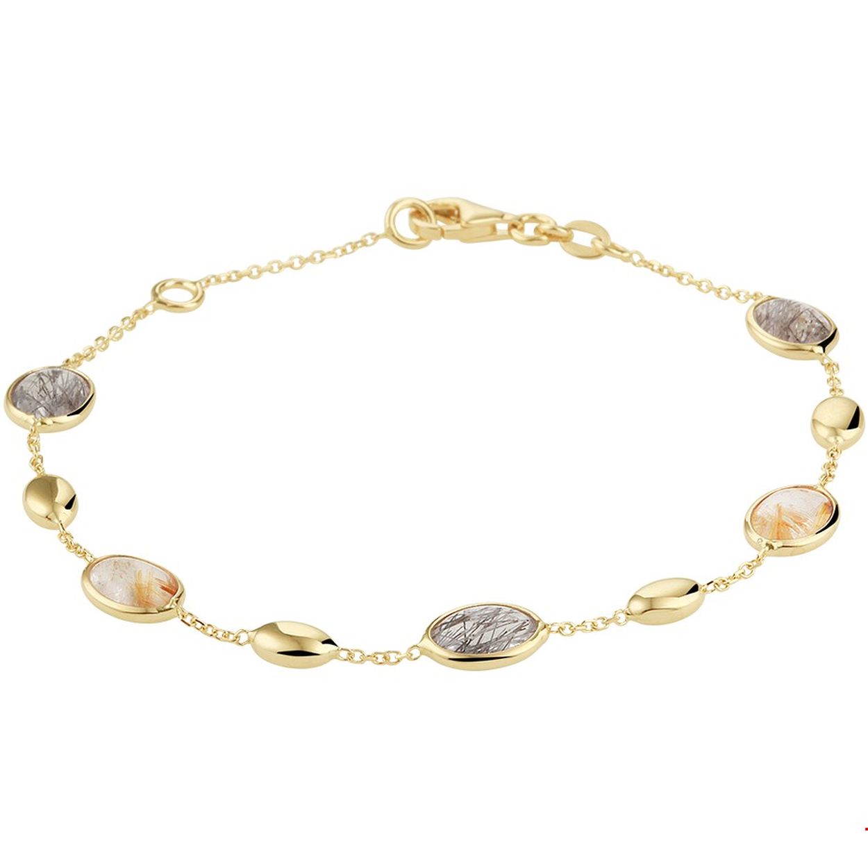 Deze armband met 7mm edelstenen en 14k geelgouden plaatjes is een musthave in deze tijd! Door de subtiele kleuren van het rutiel kwarts (goud en zwart) is hij te dragen bij heel veel kleding. De armband heeft een verstelbare lengte van 17 of 19 cm en een karabijn slot. De fijne ankerschakel is gemaakt van 14k geelgoud en is 1,1mm breed.