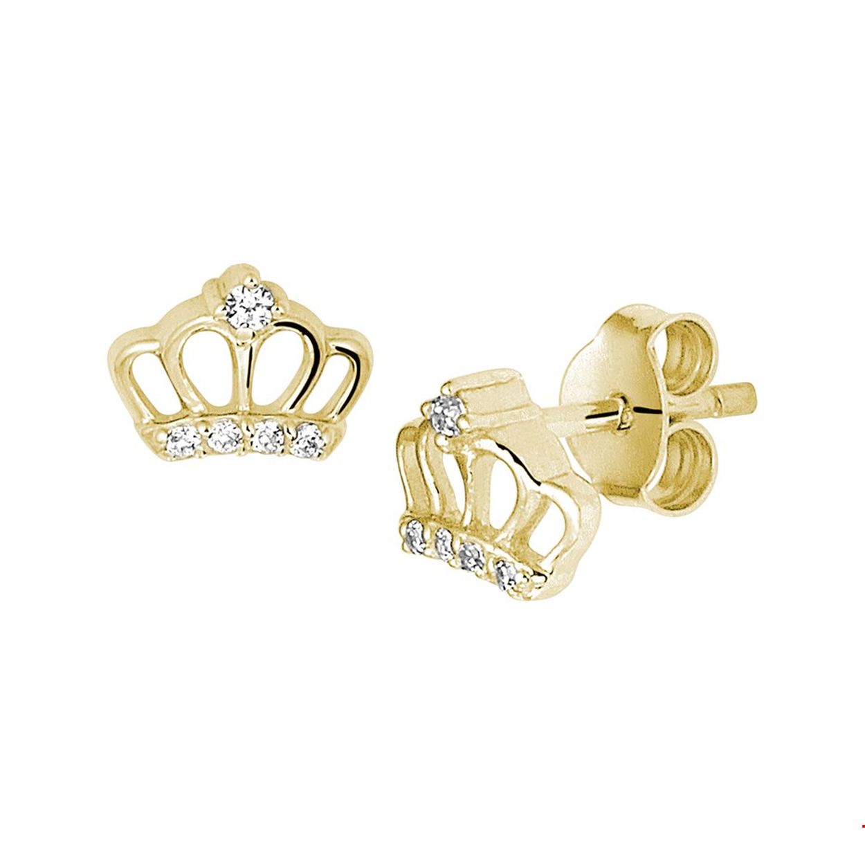Schattige geelgouden oorknoppen in de vorm van een kroontje met een afmeting van 6.5x7.5mm. Uitgevoerd met schitterende zirkonia en een stevige poussette sluiting. Deze oorknoppen zijn perfect te combineren met bijpassende sieraden uit onze collectie. Tip: Leuk om kado te geven!