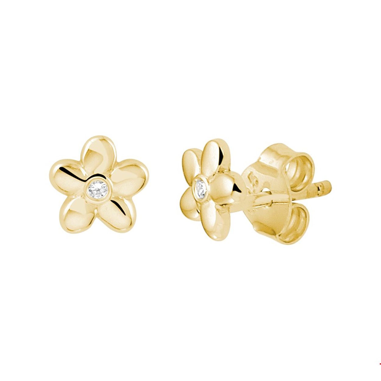 Geelgouden oorknoppen in de vorm van een bloem. Uitgevoerd met een schitterende zirkonia. Tip: Leuk om kado te geven! Zie je ze al stralen?