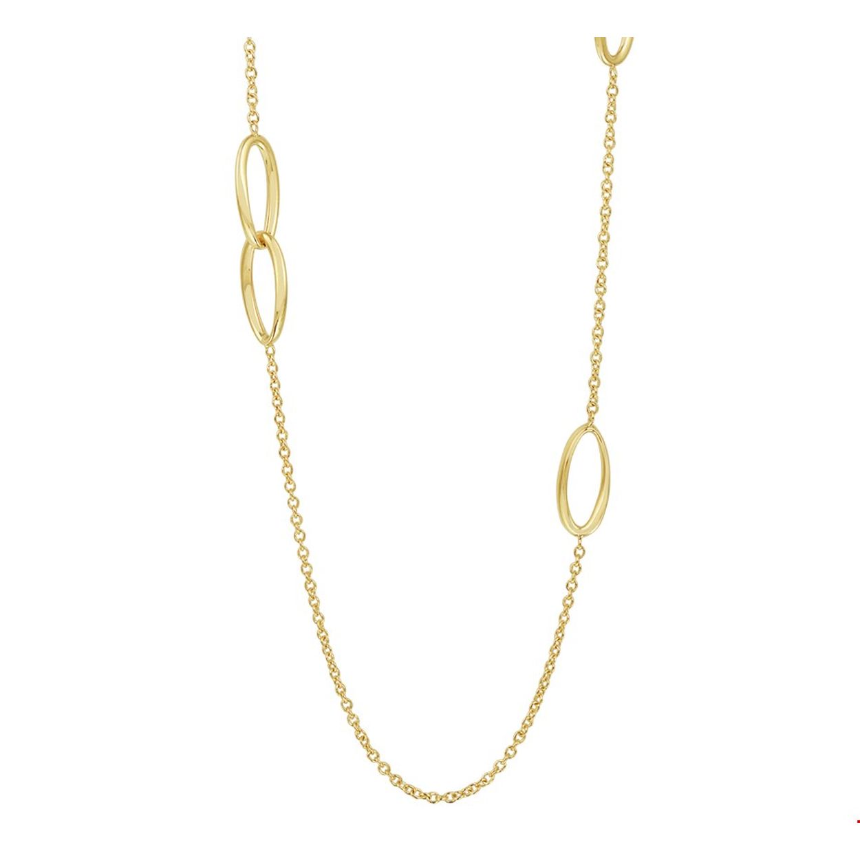14 Karaat geel gouden Jassaron collier 80 cm lang met ovale ornamenten op speelse wijze verdeeld. met karabijn sluiting.