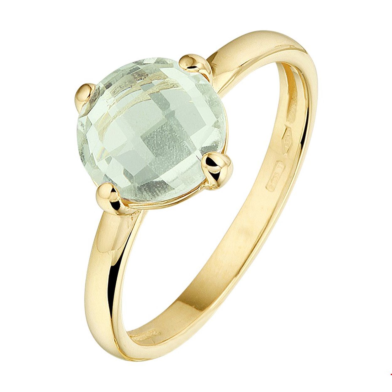 Beschrijving: Stijlvolle 14k geelgouden ring uitgevoerd met een groen amethyst. De steen heeft een diameter van 8mm.