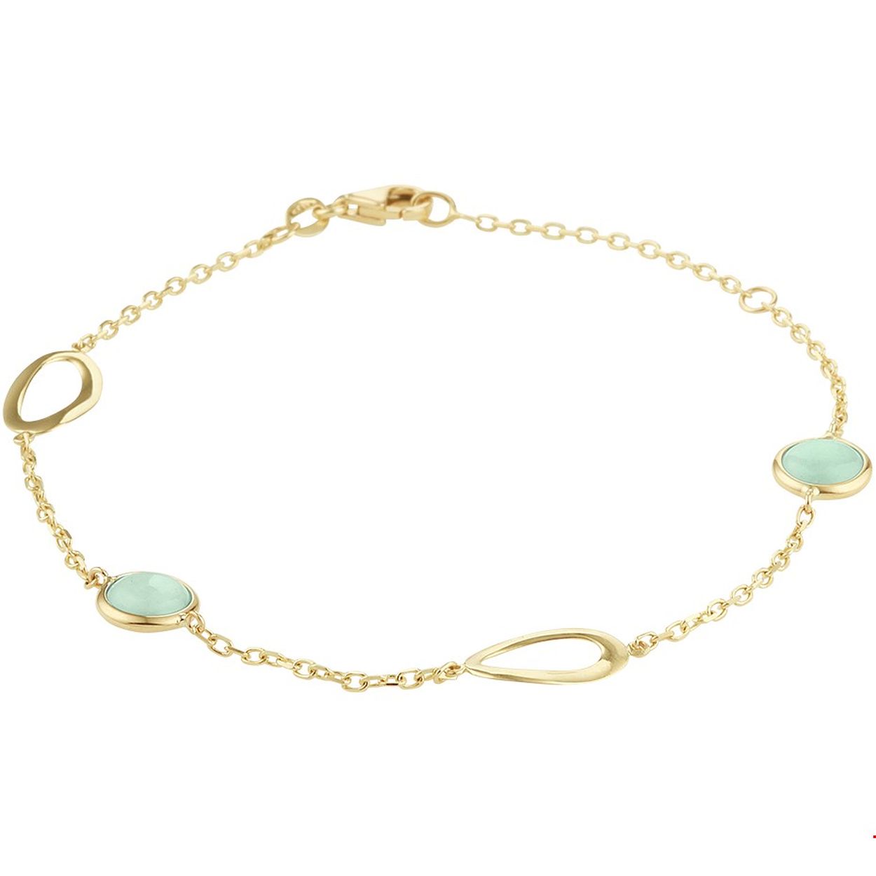 Pasteltinten zijn mooi! Tussen de 14k geelgouden ankerschakels van deze armband vind je gouden tussenstukjes en groene aventurijnstenen in een ronde zetkast. De lengte van de armband is 17cm, met een verlengstuk van 2cm. Op het breedste punt is de armband 7mm. De armband kan worden gesloten met een stevige karabijnsluiting.