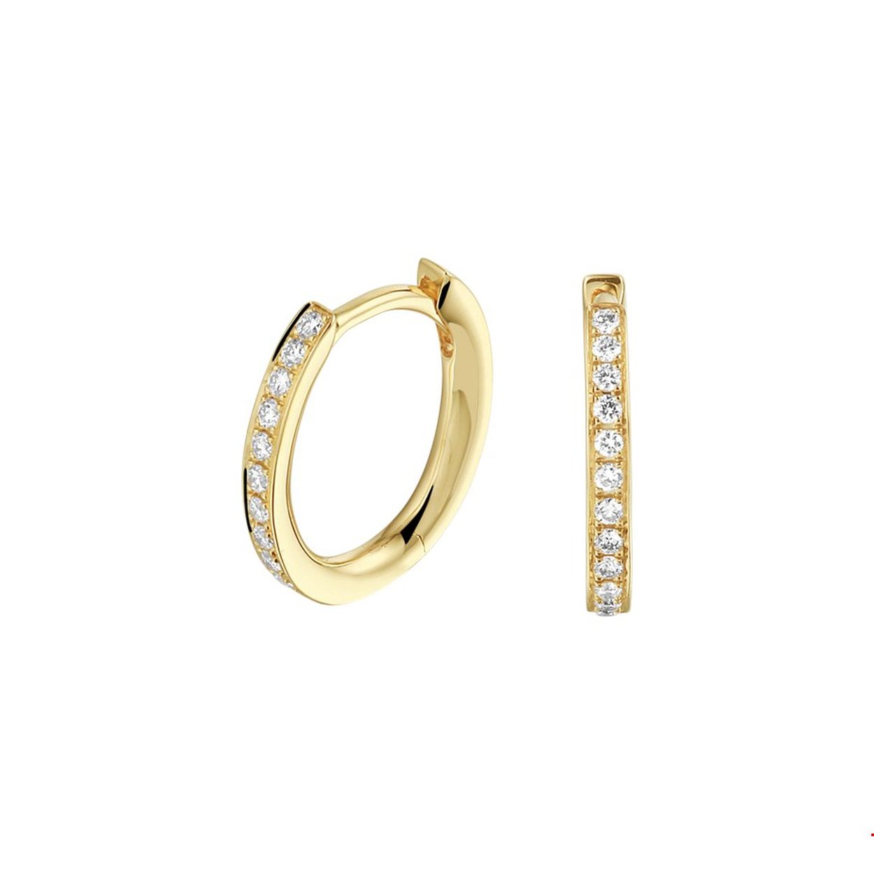 Beschrijving: Schitterend! Dat gaat iedereen vast zeggen van deze 14k geelgouden oorringen. Aan de voorzijde is een rij transparante witte diamanten geplaatst, met een totaal steengewicht van 0,14 karaat. De ovale oorring kan gemakkelijk in en uit gedaan worden door het scharnier.