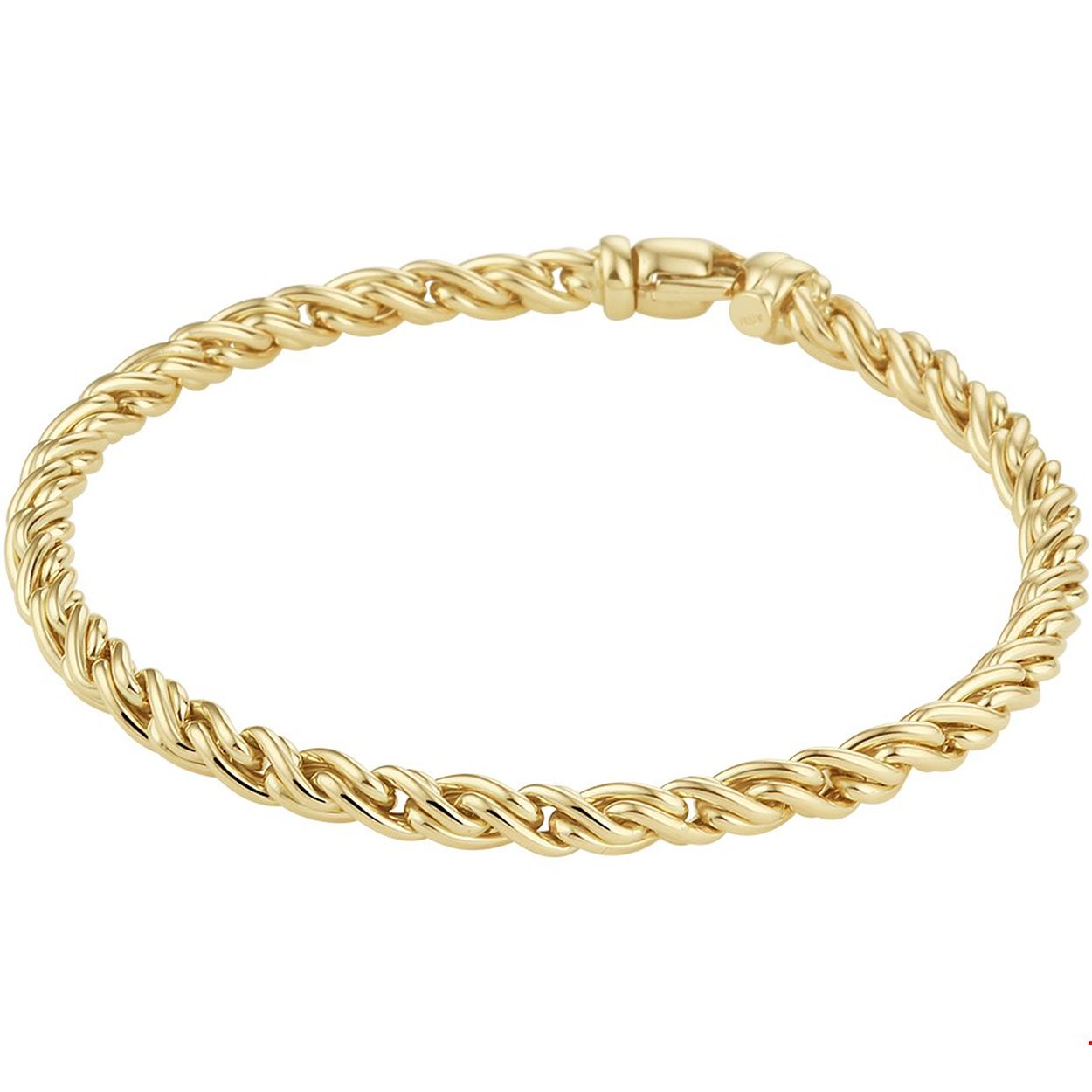 Beschrijving: Zoek je een armband met een bijzondere schakel? Deze gevlochten draadschakel van 4,2mm zal dan zeker bevallen! De armband, van 14k geelgoud, is 19cm lang en wordt gesloten met een karabijn sluiting. Hij is glanzend gepolijst.