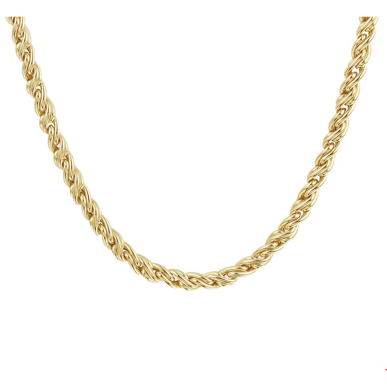 Beschrijving: Een niet allerdaagse schakel: deze ronde gevlochten draadschakel. Dit collier van 14k geelgoud heeft een lengte van 45 cm en hangt dus rond de hals. De breedte van de schakel is 4,2mm. Het collier wordt gesloten met een karabijnsluiting en heeft een gepolijste afwerking.