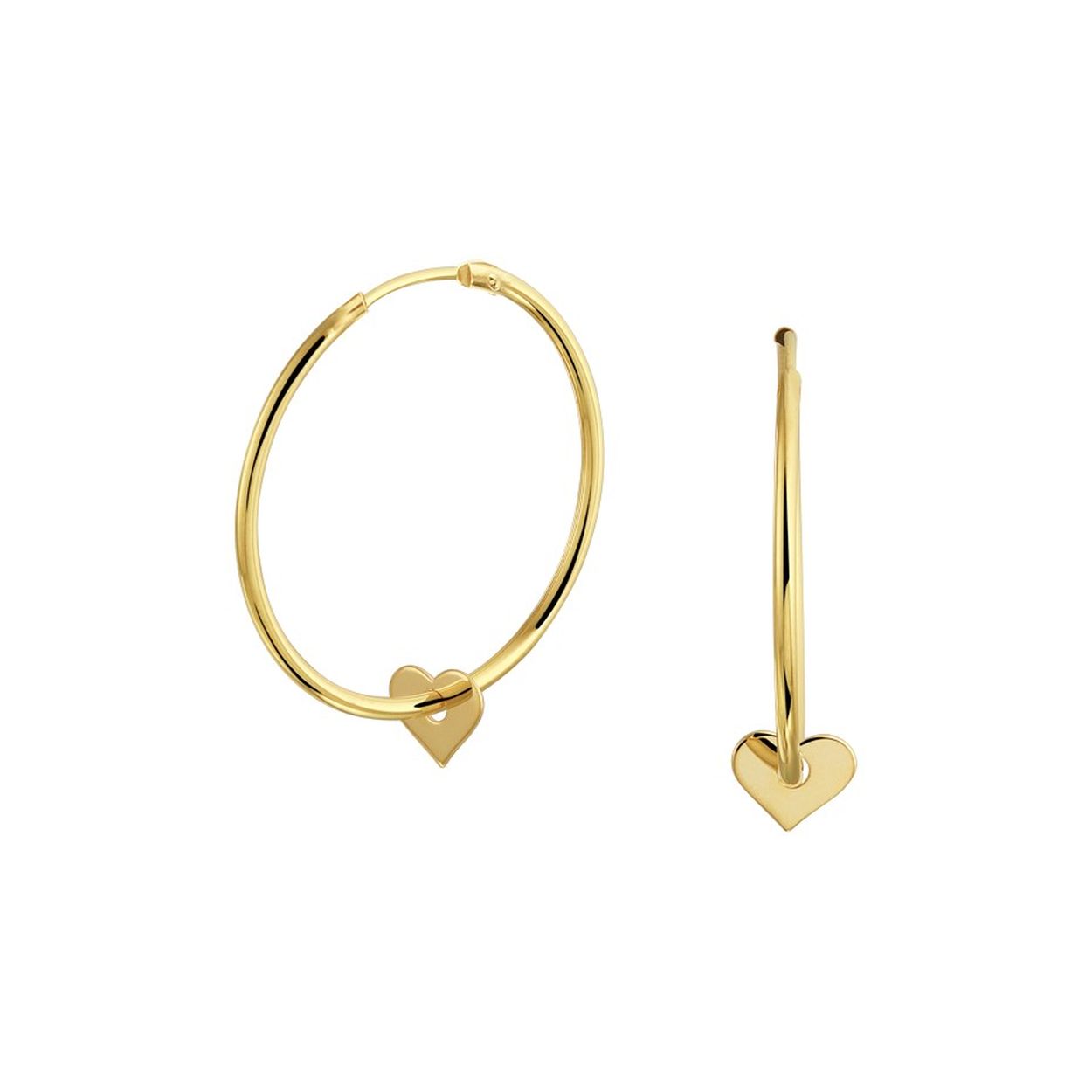 14k Geelgouden oorringen uitgevoerd met een hangertje in de vorm van een hartje. De oorringen hebben een diameter van 32mm. Het hartje heeft een afmeting van 6.7x8.4mm.