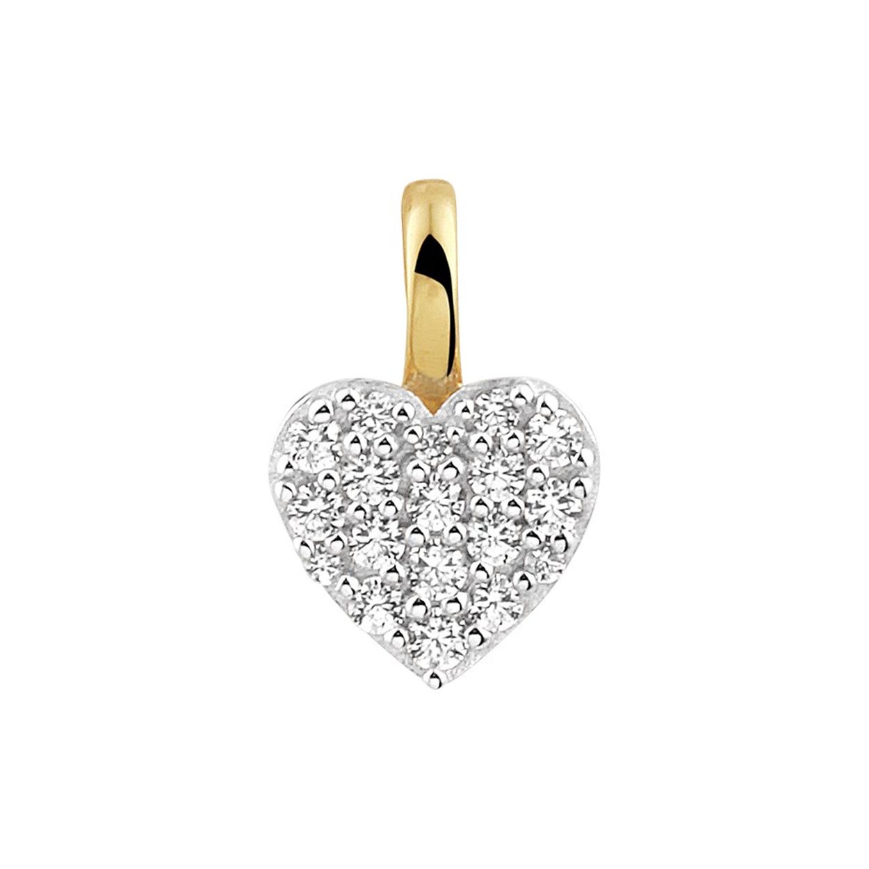 Bicolor geel- en witgoud gestifte hanger in de vorm van een hartje en uitgevoerd met een schitterend zirkonia vlak. De hanger heeft een totale hoogte van 11.5mm en een breedte van 7.5mm.