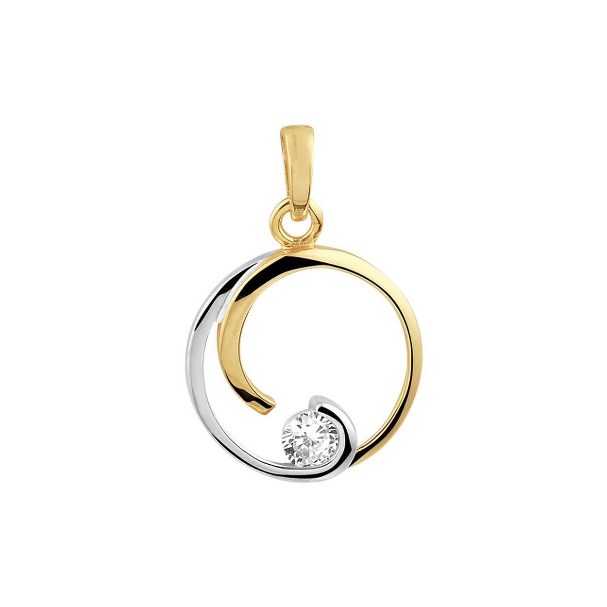 14krt bicolor gouden hanger uitgevoerd met een heldere zirkonia. De hanger is bicolor gestift en heeft een diameter van 15mm.