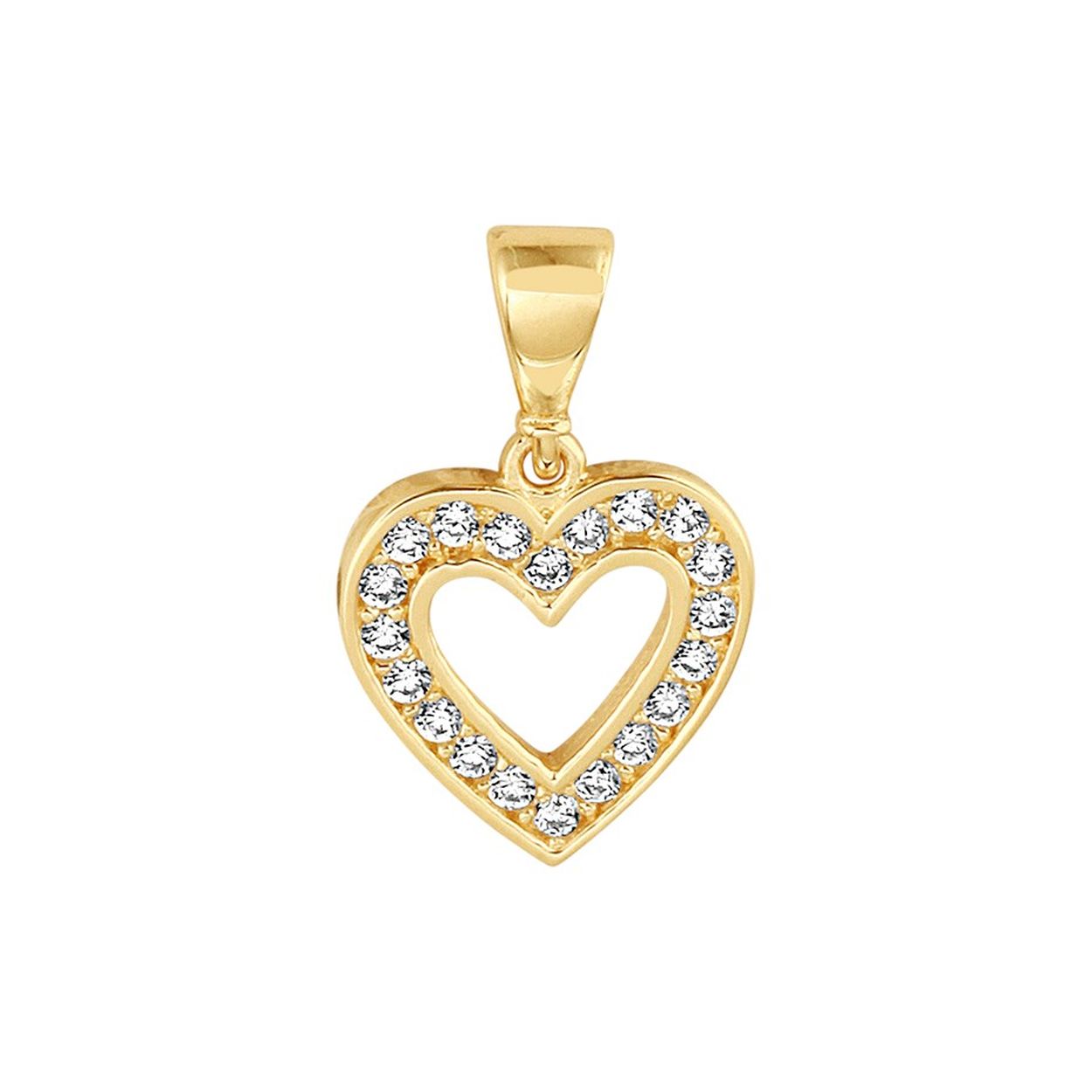 14k Geelgouden hanger in de vorm van een hart uitgevoerd met een schitterende zirkonia rij. De hanger heeft een totale hoogte van 1.7cm en een breedte van 10.5mm.