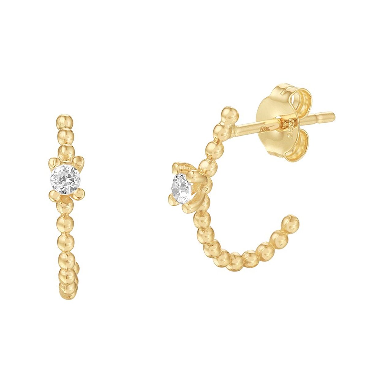 14k Geelgouden oorknoppen uitgevoerd met bolletjes en een heldere zirkonia. De oorknoppen hebben een afmeting van 13.5x3mm.