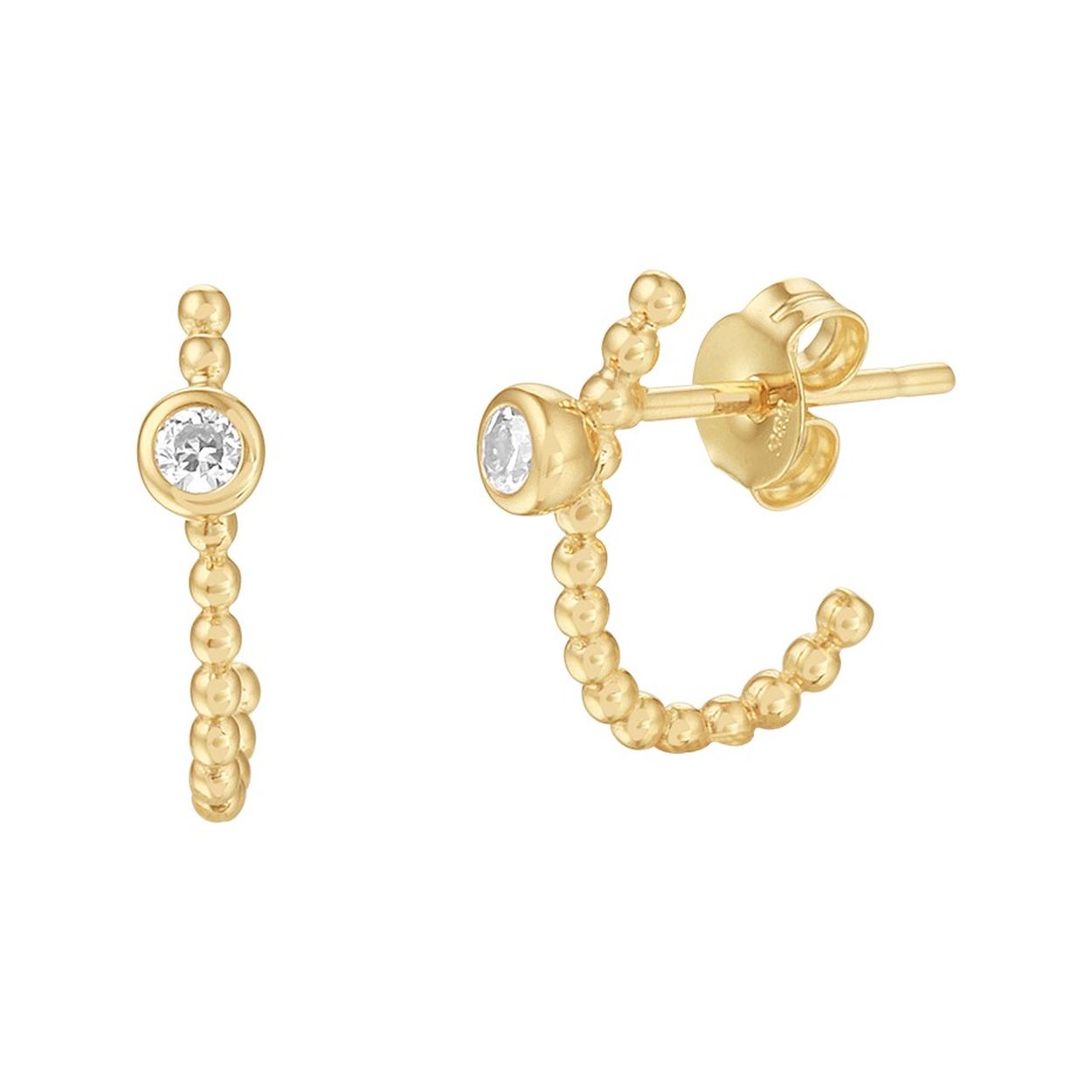 14k Geelgouden oorstekers uitgevoerd met bolletjes en een heldere zirkonia. De oorstekers hebben een afmeting van 13.5x3.5mm.