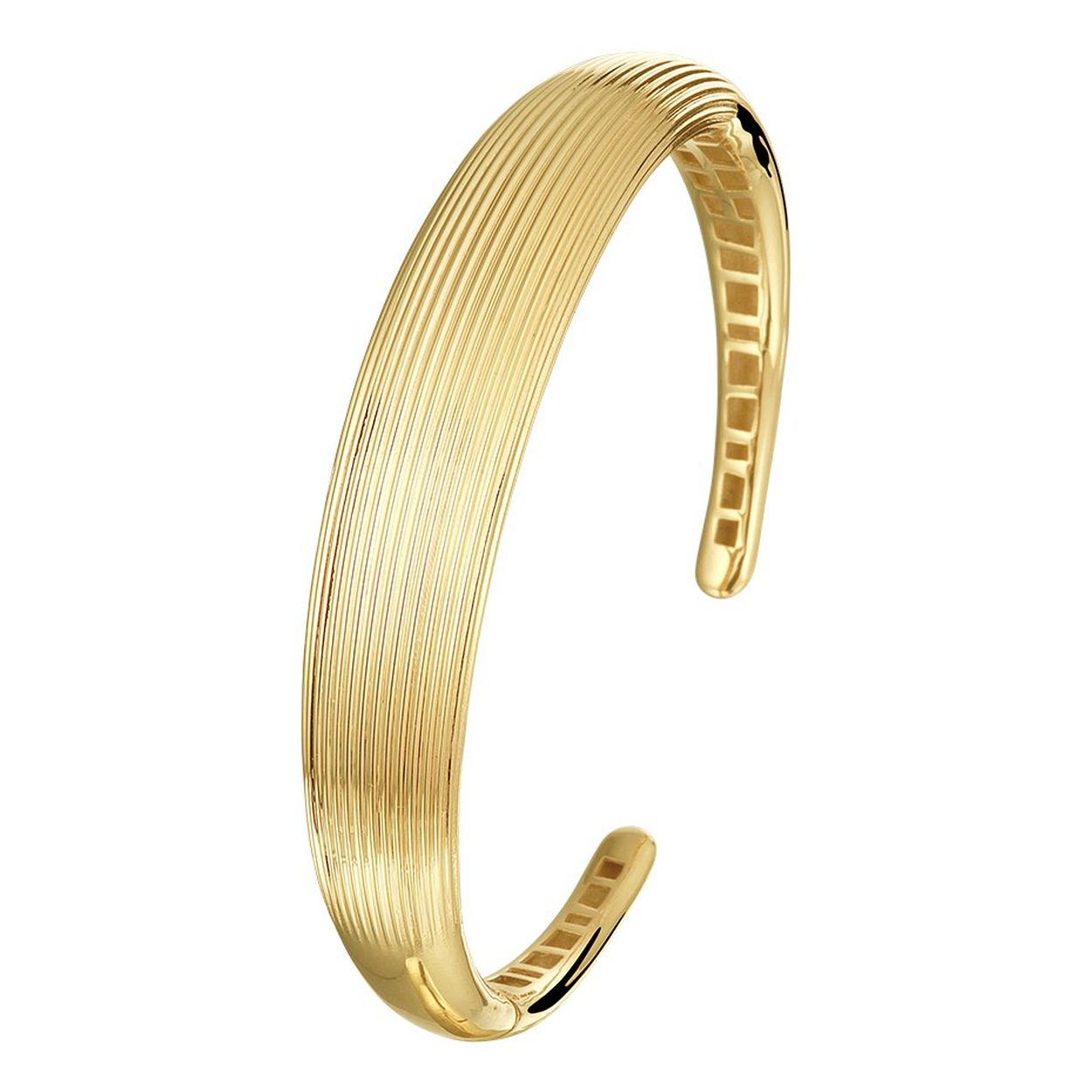 Prachtige 14krt geelgouden spang armband met een breedte van 12.5mm en een binnendiameter van 62mm.