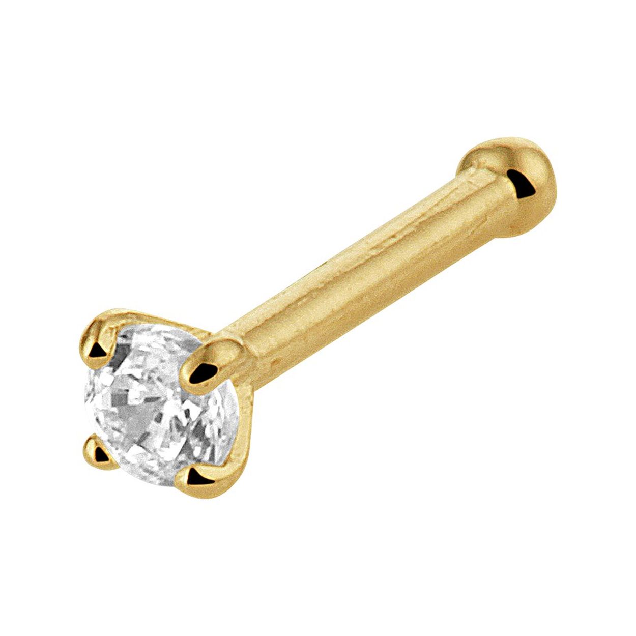 14k Geelgouden neusknopje uitgevoerd met een heldere zirkonia. Het neusknopje heeft een diameter van 2mm.