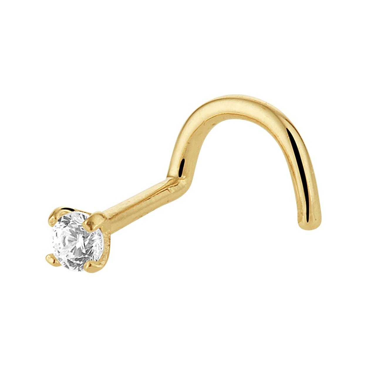 14k Geelgouden neusknopje uitgevoerd met een heldere zirkonia. Het neusknopje heeft een diameter van 2.5mm.