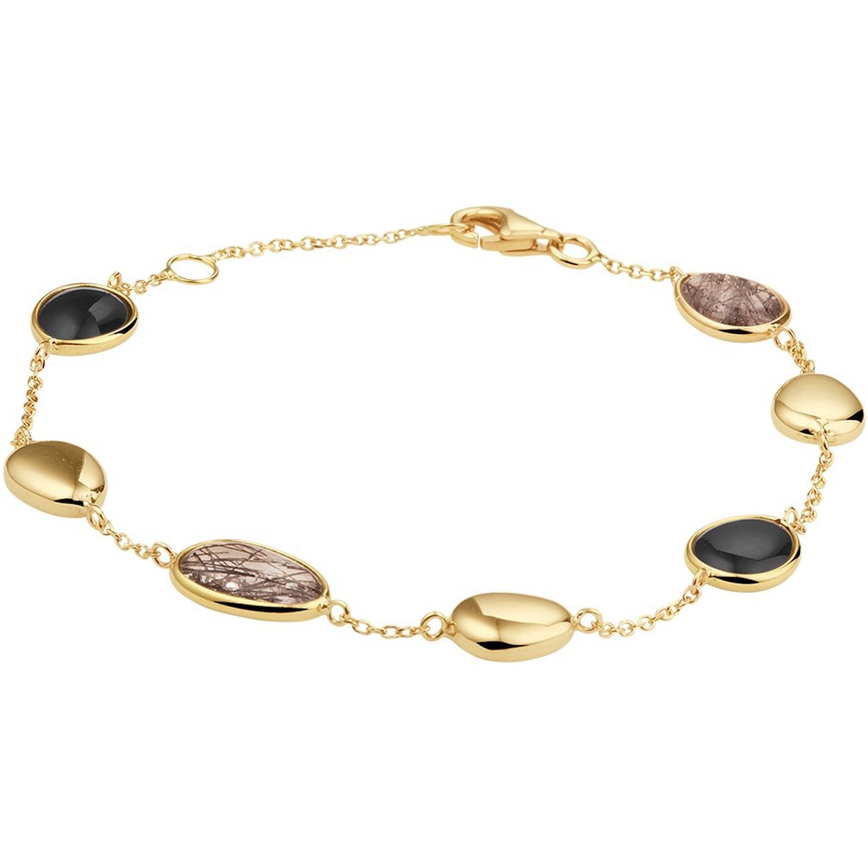 14k Geelgouden armband uitgevoerd met schitterend zwart rutiel en onyx. De armband heeft draaglengtes van 17 en 19cm. Uitgevoerd met een stevige karabijn sluiting.