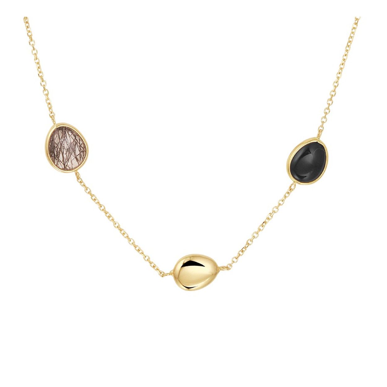 14k Geelgouden collier uitgevoerd met schitterend zwart rutiel en onyx. Het collier heeft draaglengtes van 42 en 45 cm. Uitgevoerd met een stevige karabijn sluiting.