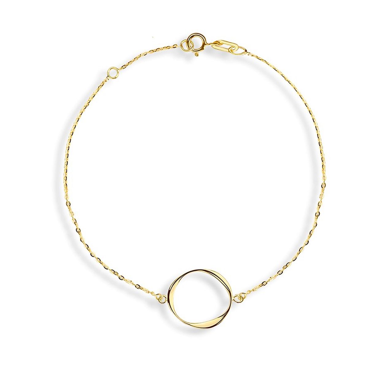 14k Geelgouden armband uitgevoerd met een rondje met een diameter van 14.5mm. De armband heeft draaglengtes van 16 en 18cm.