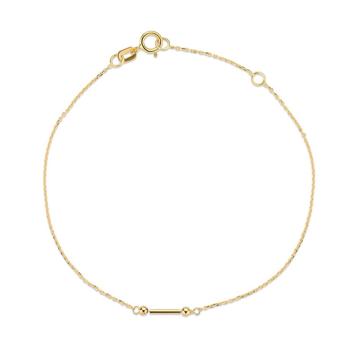14k Geelgouden armband uitgevoerd met een staafje. De armband heeft draaglengtes van 16 en 18cm.