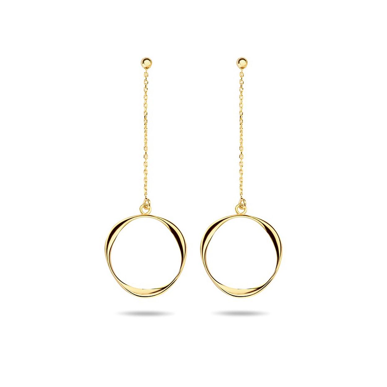 14k Geelgouden oorhangers uitgevoerd met een rondje. De oorhangers hebben een totale hoogte van 4.4cm. Het rondje heeft een diameter van 14mm.