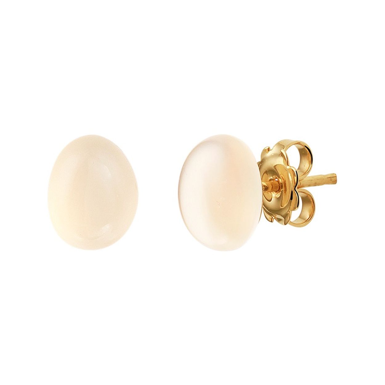 14k Geelgouden oorknoppen uitgevoerd met een schitterende wit chalcedoon. De oorknoppen hebben een afmeting van 10x8mm.