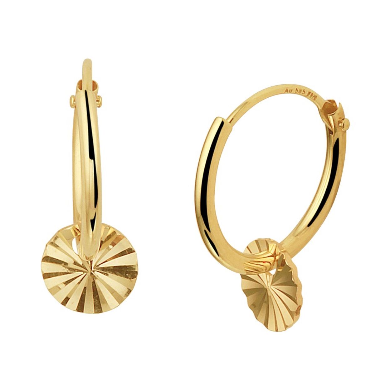14k Geelgouden oorringen uitgevoerd met een hanger in de vorm van een rondje. De oorringen hebben een afmeting van 13x1.3mm. De hanger heeft een diameter van 6mm.