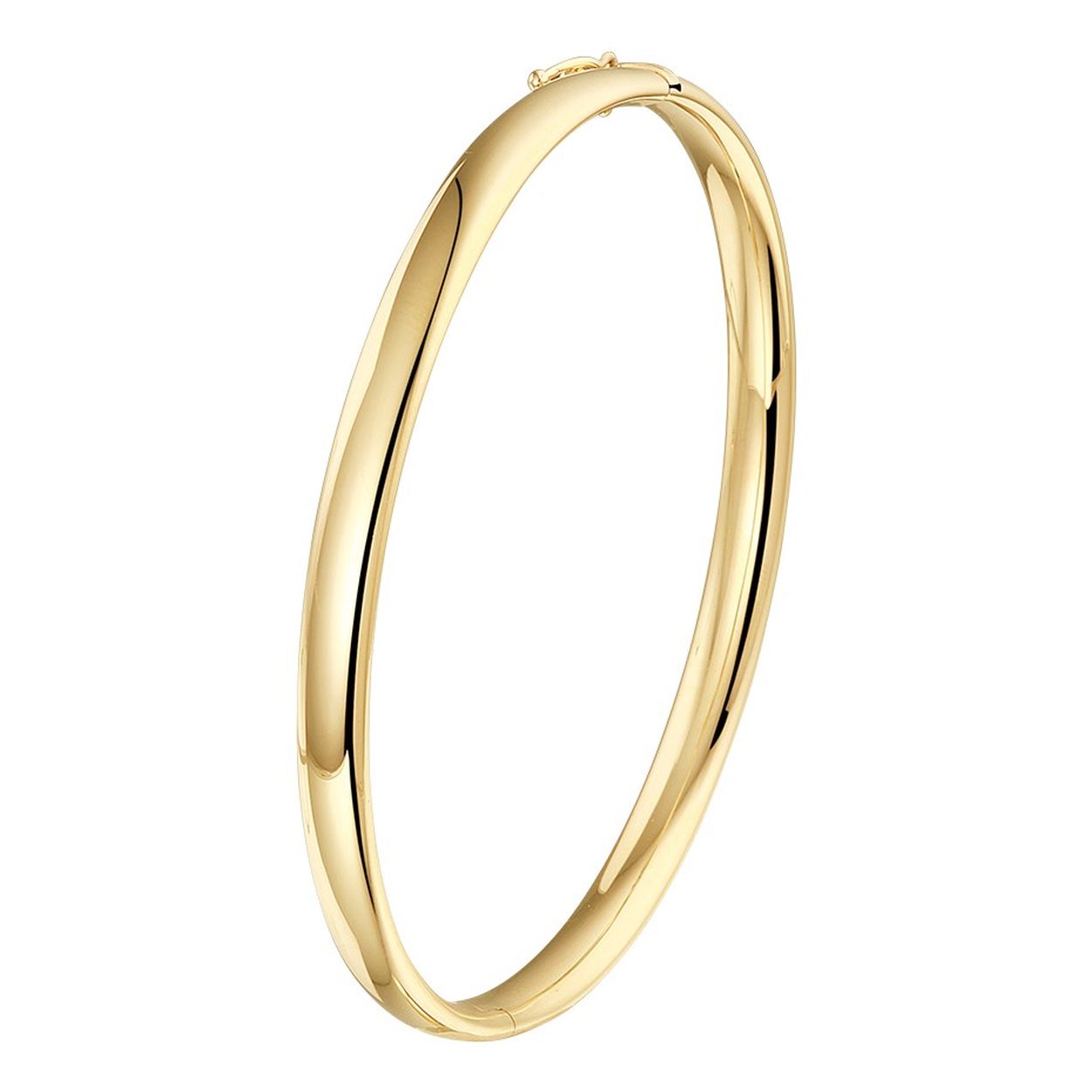 14k Geelgouden bangle uitgevoerd met een scharnier. De bangle heeft een breedte van 5mm en een binnendiameter van 60mm.
