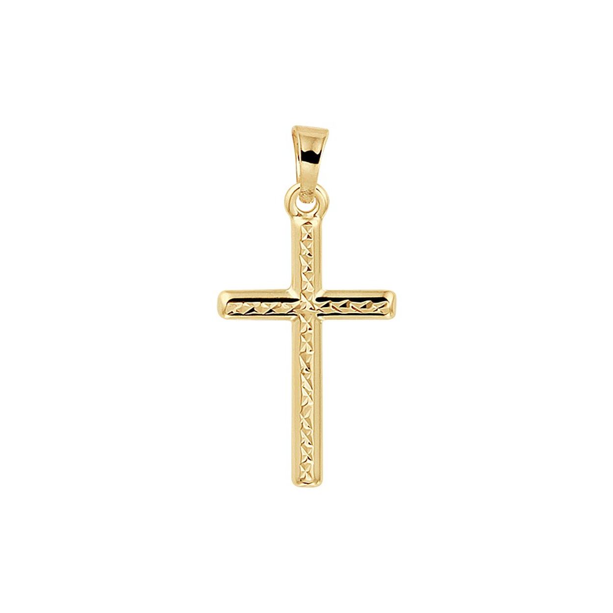 14krt Geelgouden hanger uitgevoerd in de vorm van een kruis en met een gediamanteerde afwerking. De hanger heeft een totale hoogte van 2.5cm en een breedte van 12mm.
