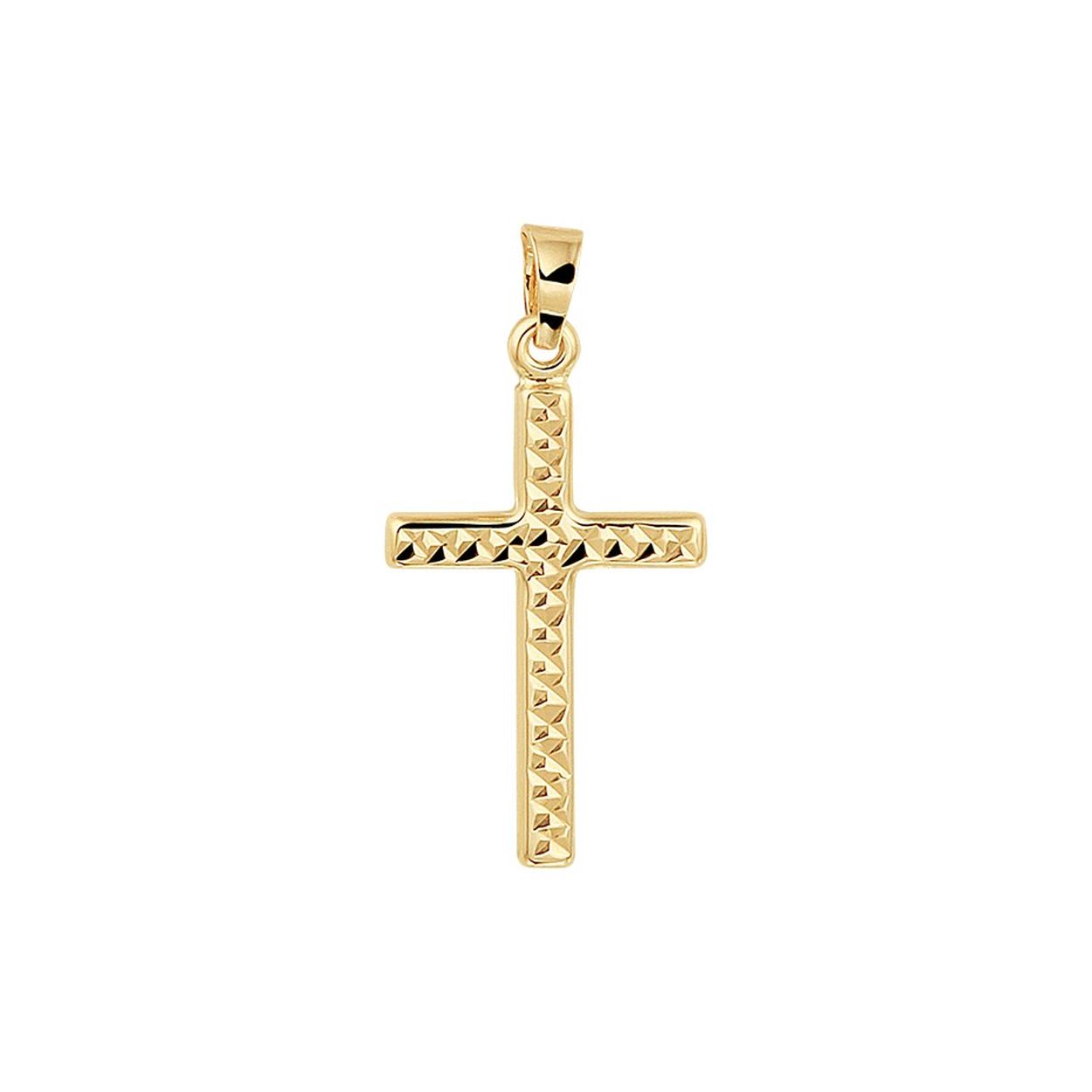 14k Geelgouden hanger uitgevoerd in de vorm van een kruis en met een gediamanteerde afwerking. De hanger heeft een totale hoogte van 2.5cm en een breedte van 13mm.