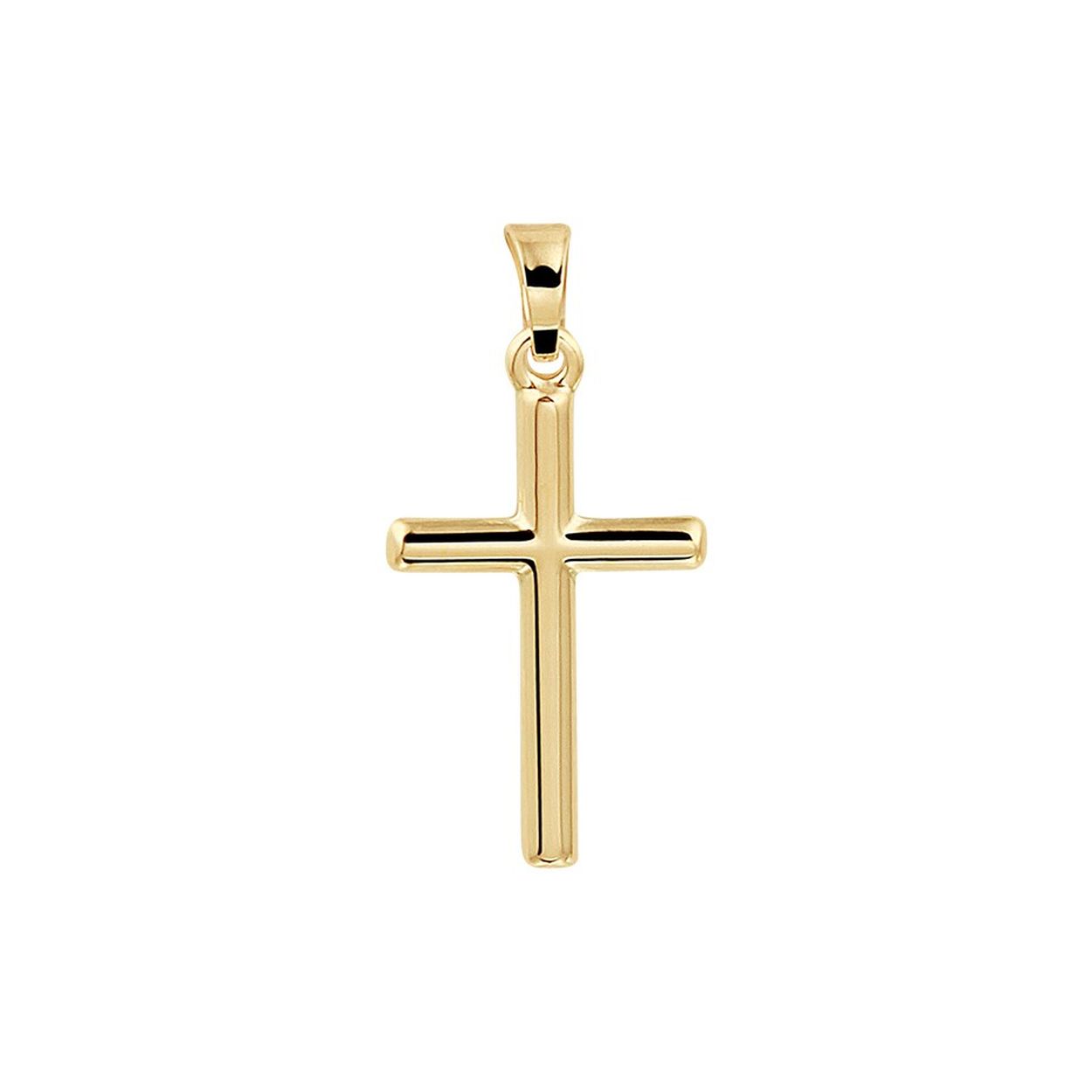 14k Geelgouden hanger uitgevoerd in de vorm van een kruis. De hanger heeft een totale hoogte van 2.4cm en een breedte van 12mm.