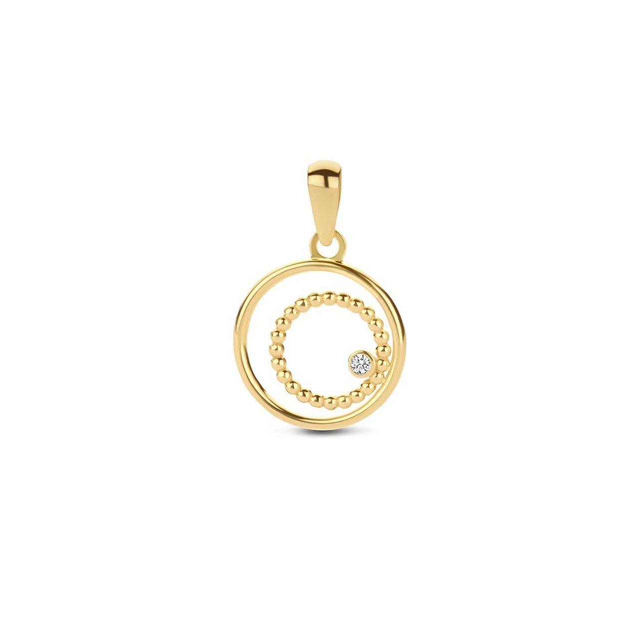 14krt geelgouden ronde hanger uitgevoerd met een schitterende zirkonia. De hanger heeft een totale hoogte van 2cm en een diameter van 12.5mm.