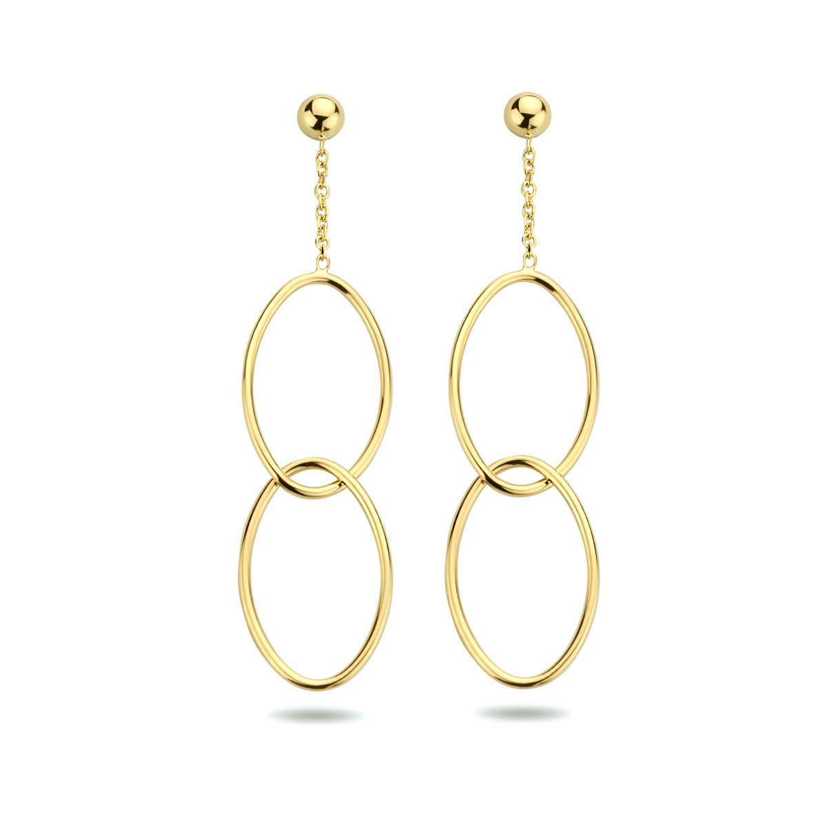 14k Geelgouden oorhangers uitgevoerd met twee ovaaltjes. De oorhangers hebben een totale hoogte van 5cm en een breedte van 11.5mm.