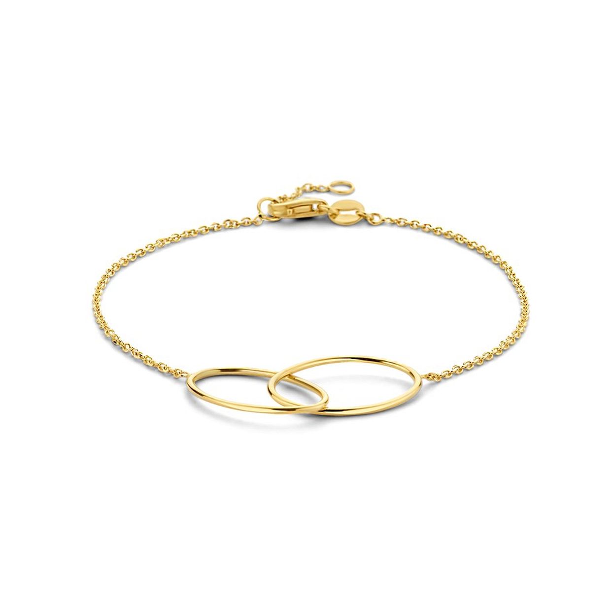 14k Geelgouden armband uitgevoerd met twee ovaaltjes. De armband heeft draaglengtes van 17 en 18.5cm en een stevige karabijn sluiting. De ovaaltjes hebben elk een afmeting van 11.5x18.5mm.