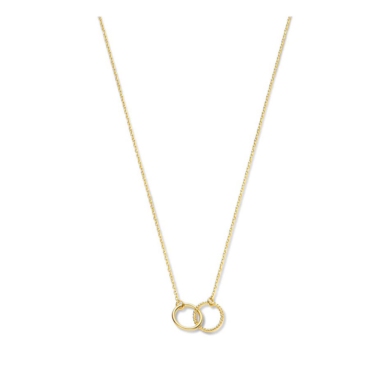 14k Geelgouden collier uitgevoerd met twee rondjes met een diameter van 7.5mm. Het collier heeft draaglengtes van 40, 42 en 44cm.