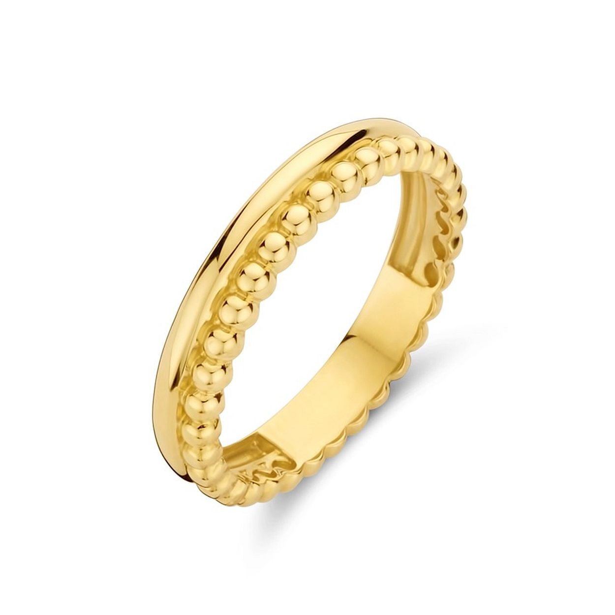 14k Geelgouden ring uitgevoerd met bolletjes. De ring heeft een breedte van 3.4mm.