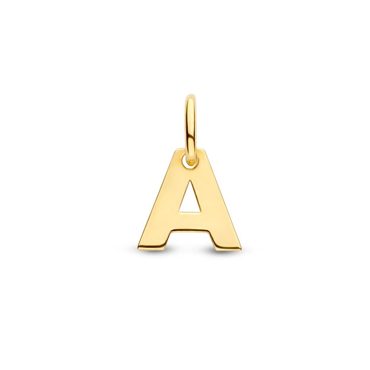 14k Geelgouden hanger uitgevoerd in de letter A. De hanger heeft een totale hoogte van 1cm en een breedte van 6mm.