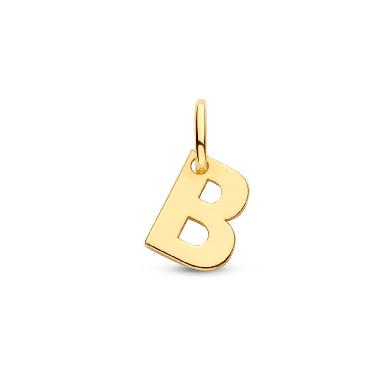 14k Geelgouden hanger uitgevoerd in de letter B. De hanger heeft een totale hoogte van 1cm en een breedte van 4.5mm.