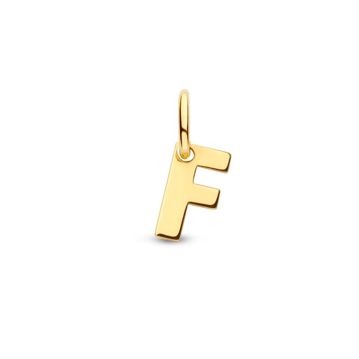 14k Geelgouden hanger uitgevoerd in de letter F. De hanger heeft een totale hoogte van 1cm en een breedte van 3.5mm.
