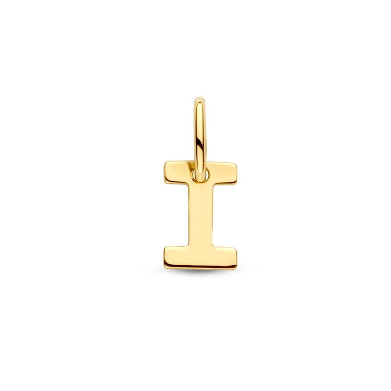 14k Geelgouden hanger uitgevoerd in de letter I. De hanger heeft een totale hoogte van 1cm en een breedte van 4mm.
