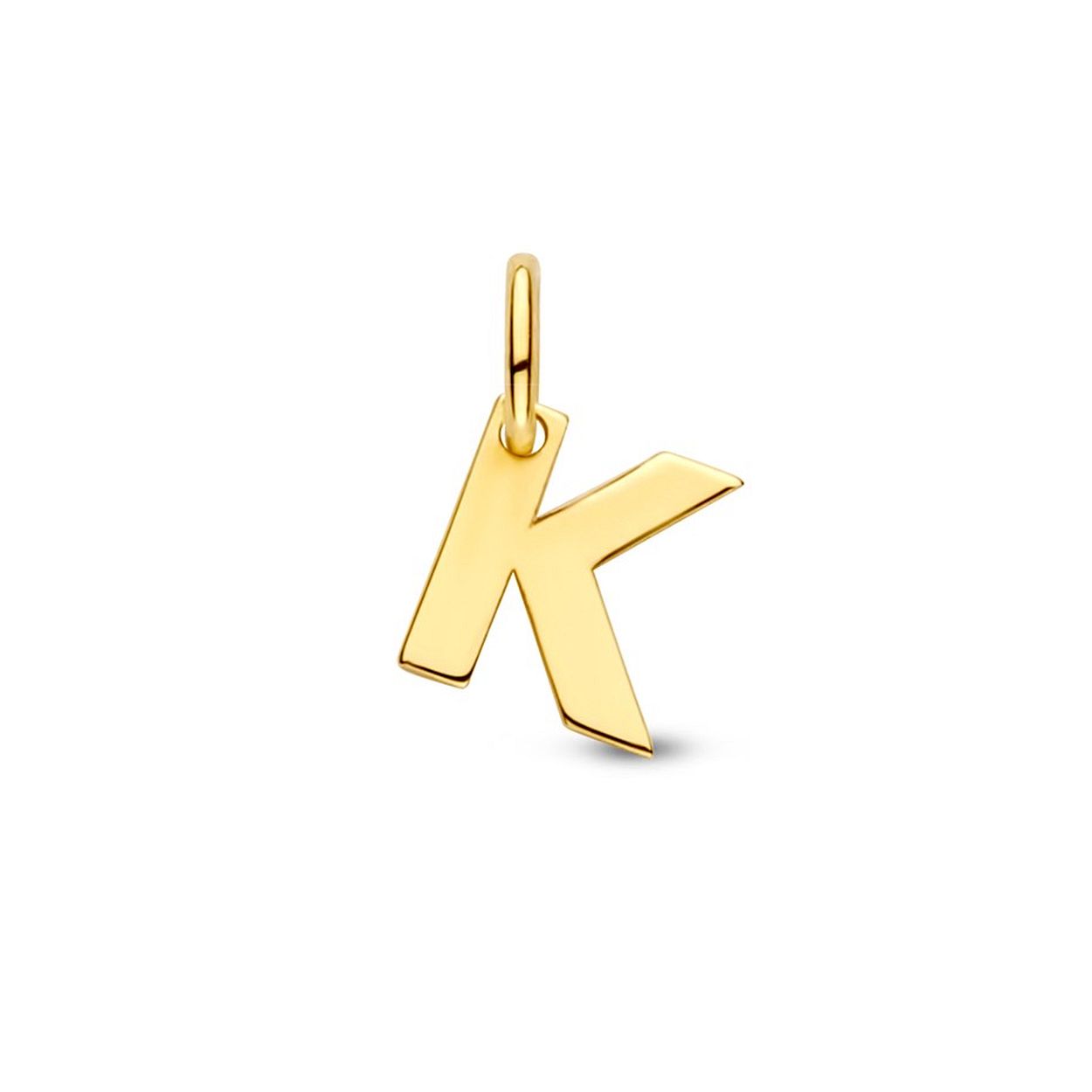 14k Geelgouden hanger uitgevoerd in de letter K. De hanger heeft een totale hoogte van 1cm en een breedte van 5.5mm.