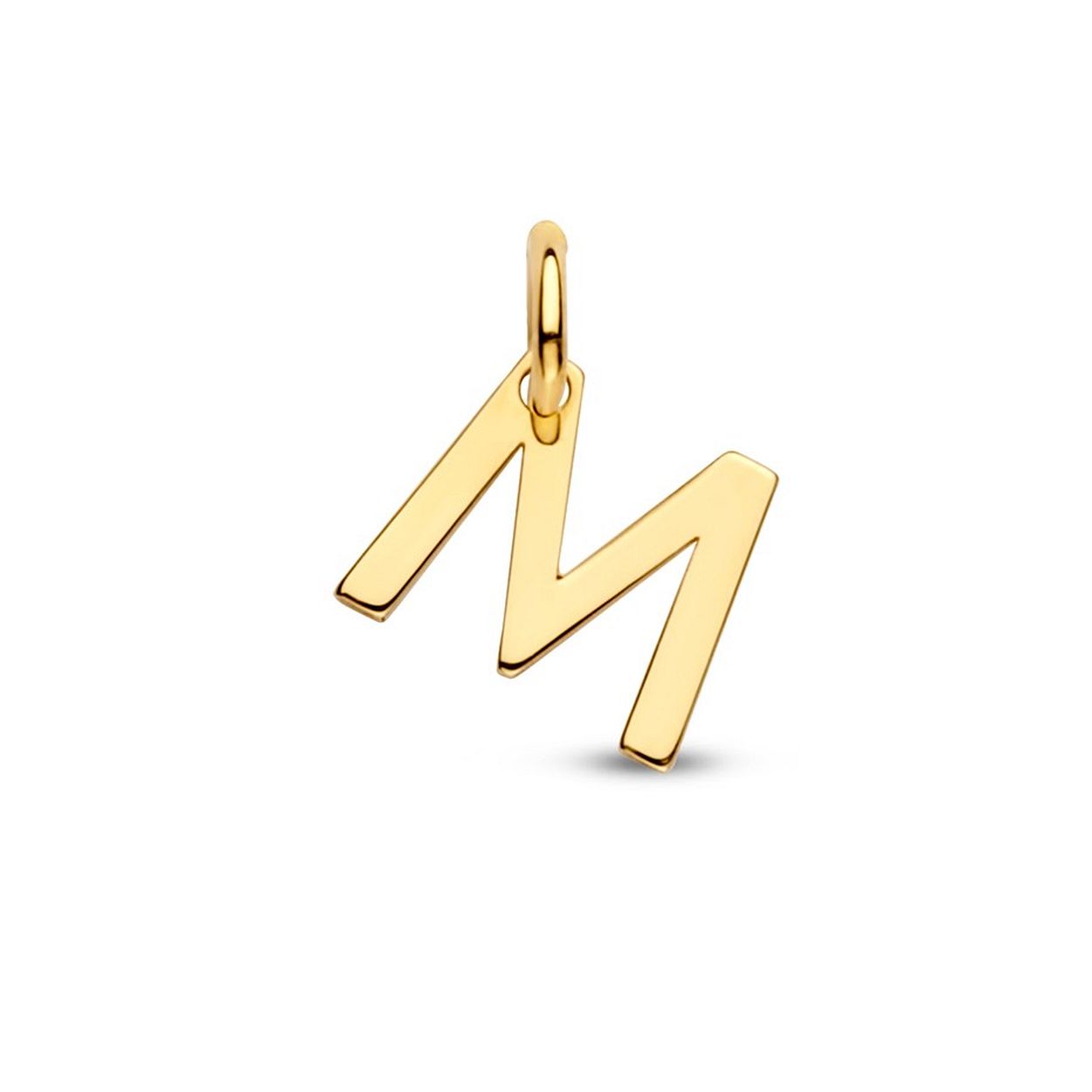 14k Geelgouden hanger uitgevoerd in de letter M. De hanger heeft een totale hoogte van 1cm en een breedte van 7mm.