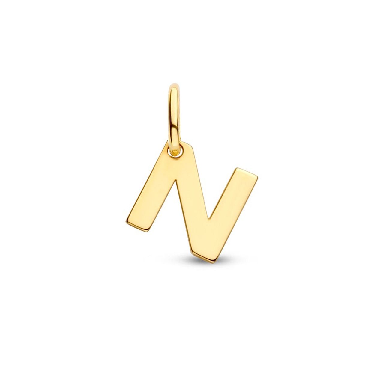 14k Geelgouden hanger uitgevoerd in de letter N. De hanger heeft een totale hoogte van 1cm en een breedte van 6mm.