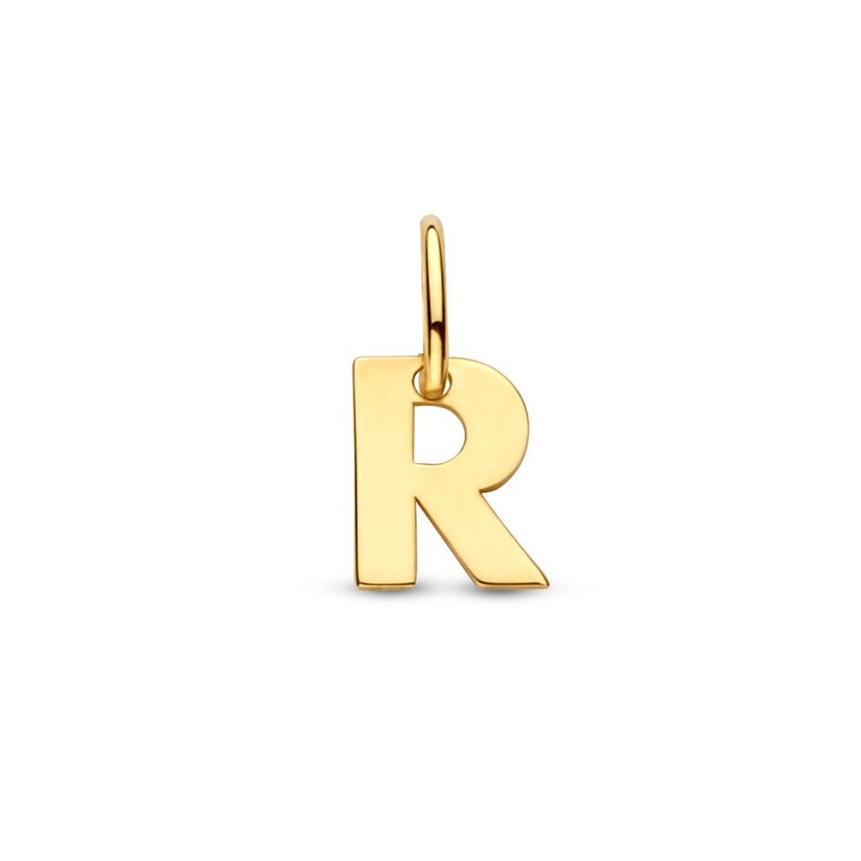 14k Geelgouden hanger uitgevoerd in de letter R. De hanger heeft een totale hoogte van 1cm en een breedte van 5mm.