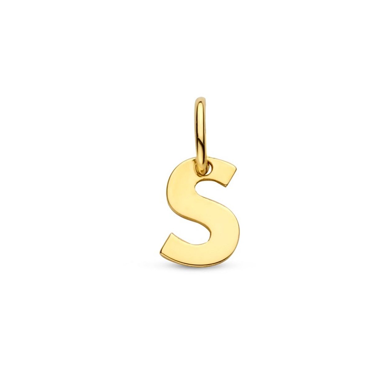 14k Geelgouden hanger uitgevoerd in de letter S. De hanger heeft een totale hoogte van 1cm en een breedte van 4.5mm.